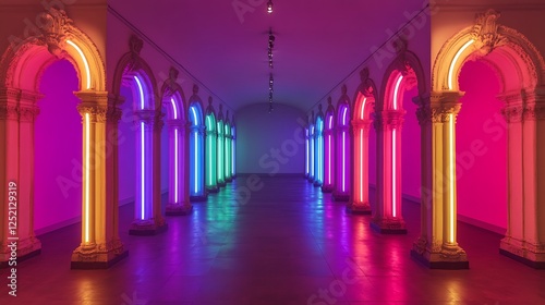Neon Lights Illuminate Classical Columns In A Hallway