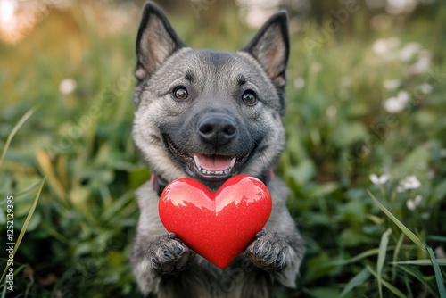 Ad campaign animal layout art. Norwegian elkhound - my preferred dog, symbol of friendship. Cute norwegian elkhound dog with diamond red heart on a walk in a spring green space. Puppy kisses. photo