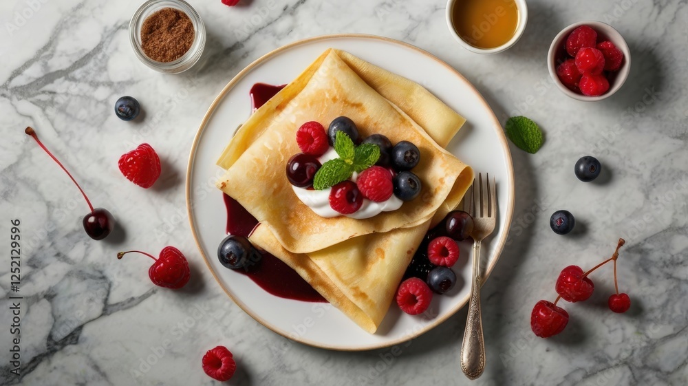 Golden-Brown Crepes with Cherry-Berry Sauce: A Vibrant and Indulgent Dessert Delight Golden-Brown Crepes with Cherry-Berry Sauce: A Vibrant and Indulgent Dessert Delight