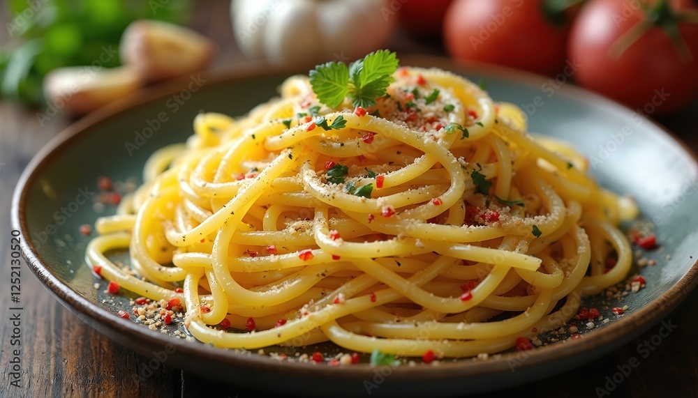 Close-up of tasty spaghetti aglio e olio served on plate. Traditional Italian dish with sauteed garlic, chili flakes, parsley. Delicious lunch or dinner food. Close-up of tasty spaghetti aglio e olio served on plate. Traditional Italian dish with sauteed garlic, chili flakes, parsley. Delicious lunch or dinner food.