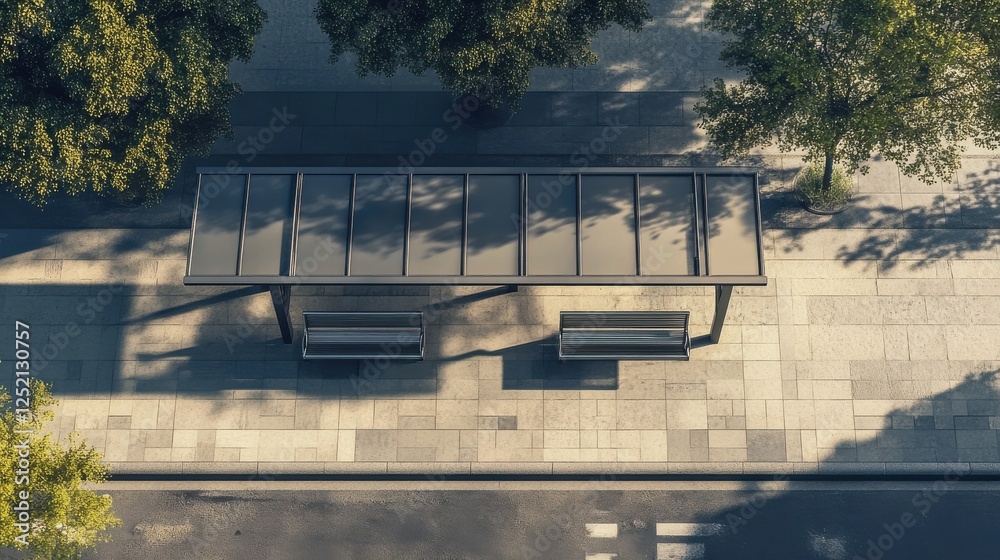 Obraz premium A detailed top view of an isolated bus stop with steel benches and a shaded roof, placed on a clean, empty street with no visible logos.