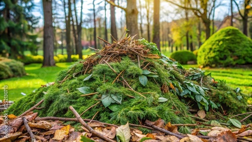 A pile of fresh green garden waste like dead branches, leaves and pine needles after spring gardening cleanup in a serene garden landscape , foliage, spring cleanup