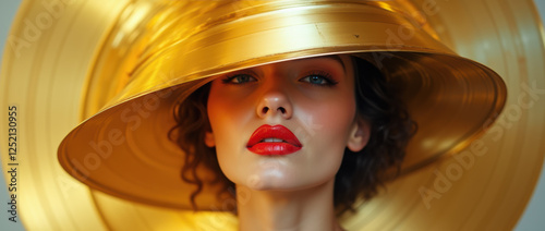 A Vibrant Woman’s Portrait Blended with Golden Vinyl Records. photo