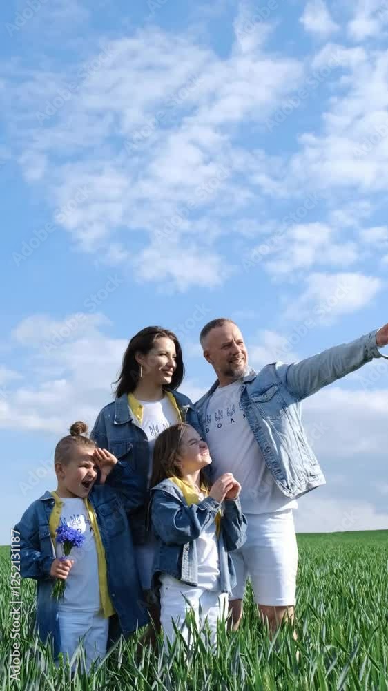 A joyful family happily enjoying a bright sunny day in a lush green field, capturing beautiful moments of togetherness A joyful family happily enjoying a bright sunny day in a lush green field, capturing beautiful moments of togetherness