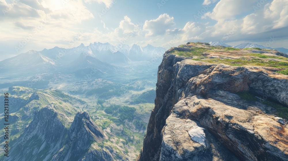 A majestic view from above a flat-top mountain, showing its rocky surface, steep cliffs, and a panoramic horizon of distant mountains. A majestic view from above a flat-top mountain, showing its rocky surface, steep cliffs, and a panoramic horizon of distant mountains.