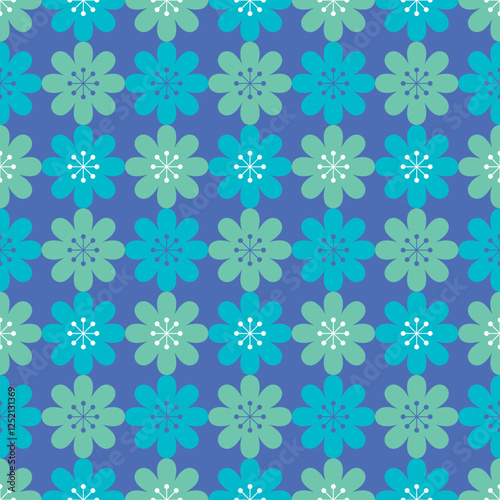 Eight petals retro flower seamless illustration pattern. Old style floral vector background in blue and green.