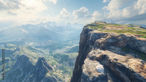 A majestic view from above a flat-top mountain, showing its rocky surface, steep cliffs, and a panoramic horizon of distant mountains.