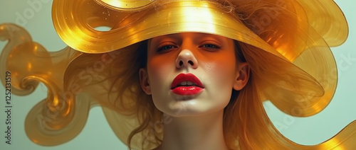 A Vibrant Woman’s Portrait Blended with Golden Vinyl Records. photo