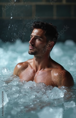 Athletic man submerged in ice water, cold plunge therapy helps muscle recovery after workout. Handsome male model in wellness center enjoys cryotherapy, relaxation, rejuvenation.