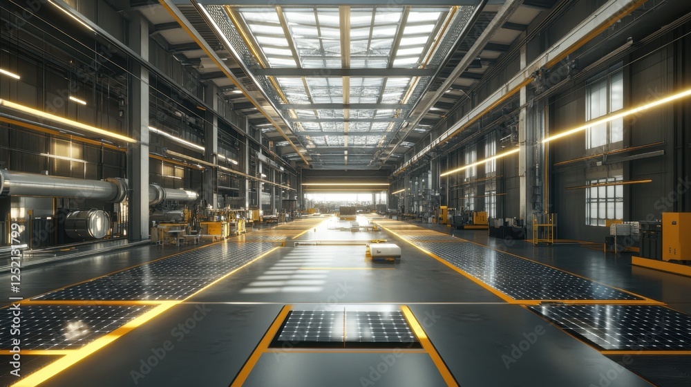 A clean energy factory with solar panels and wind turbine components being assembled. A clean energy factory with solar panels and wind turbine components being assembled.