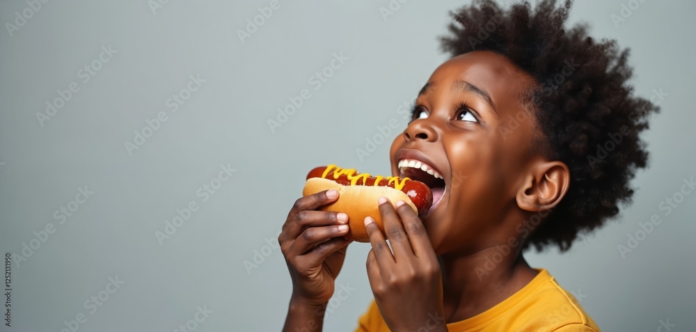 Happy afro-american boy eating hot dog with mustard on gray background. Child with open mouth devours junk food. Kid holds tasty wiener in hand, enjoys unhealthy meal. Fast food concept. Happy afro-american boy eating hot dog with mustard on gray background. Child with open mouth devours junk food. Kid holds tasty wiener in hand, enjoys unhealthy meal. Fast food concept.