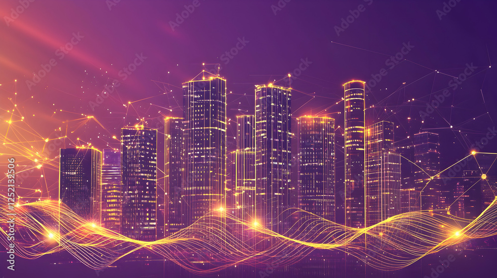Night city skyline, glowing network, futuristic design, website banner Night city skyline, glowing network, futuristic design, website banner