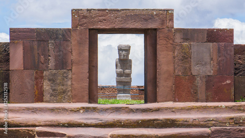 Tiwanaku archaeological site. Bolivia. Tiwanaku (or Tiahuanaco) is a pre-Columbian archaeological complex.  Ruins, decorated ceramics, monumental structures and megalithic blocks. Kalasasaya.