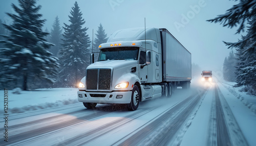 White semi-truck drives icy highway during heavy snowstorm, blizzard conditions, swirling snowflakes, dramatic weather. Winter transportation with motion blur, dark stormy sky, freight, logistic,