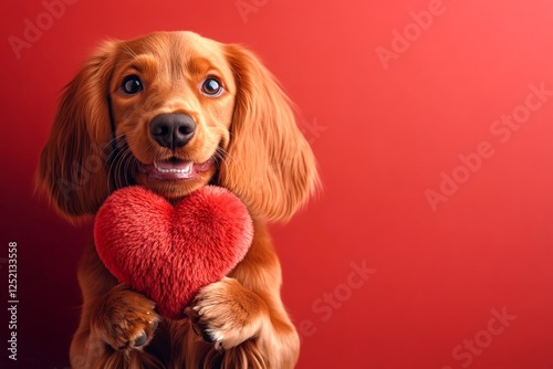 Cute irish setter doggy with fluffy red heart - sign of love, funny greeting card. Ad idea art. Irish setter - my cherished dog. Love dogs valentine's moments. Red heart animal themes. photo