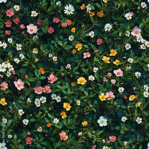 Seamless wildflower meadow pattern with lush greenery and blooming florals in soft pink, yellow, and white