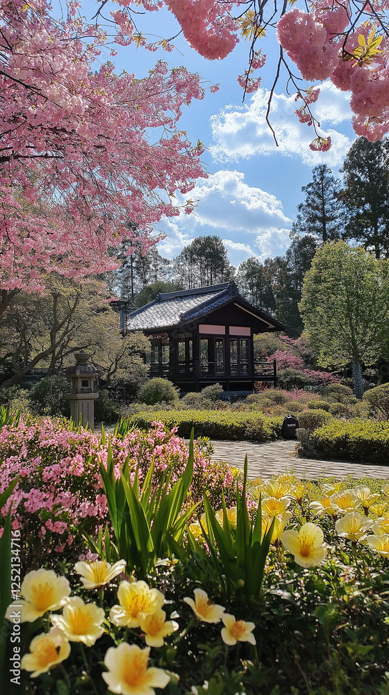 Obraz premium 和風ガーデンの絶景｜春爛漫の桜と美しい庭園の小道。スマートフォン9:16のアスペクト比 
