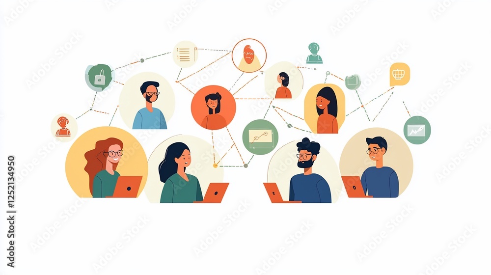 Network of people connecting online through technology with social interactions and web development Network of people connecting online through technology with social interactions and web development