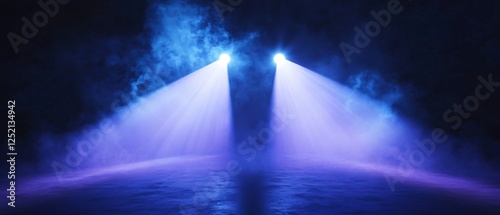 Symmetrical Dual Spotlights on a Smoky Stage with Blue and Purple Hues. Copy space. Generative AI