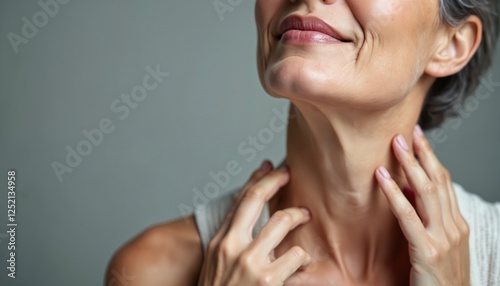 Middle-aged woman touches soft neck skin. Mature female enjoy beauty, freshness. Lady checks wrinkles, anti-aging cosmetic procedure result. Beauty care, face lifting massage concept.