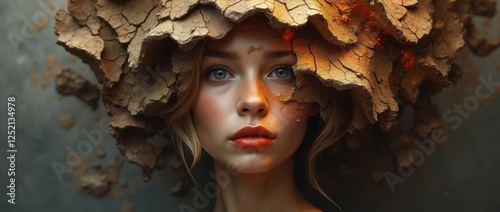 A Vibrant Woman’s Portrait Blended with Organic Wooden Textures photo