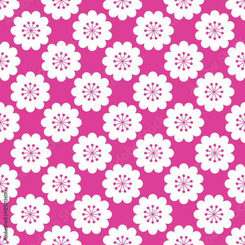 Ten petals flowers vector background pattern. Pink and white retro floral seamless illustration.