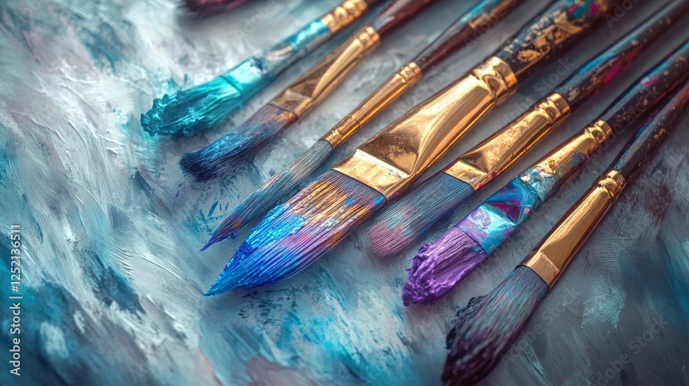 Fototapeta premium Row of artist paintbrushes closeup on white. Artistic brushes smeared with paints on white background.