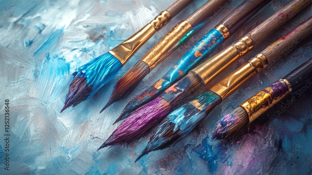 Obraz premium Row of artist paintbrushes closeup on white. Artistic brushes smeared with paints on white background.