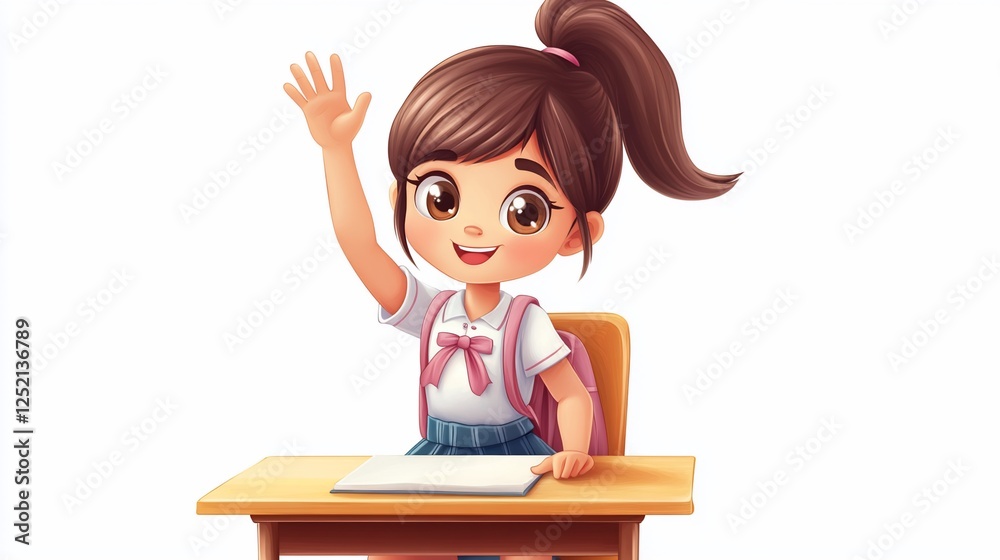 Cartoon illustration of a young girl with brown hair raising her hand at a desk with white background Cartoon illustration of a young girl with brown hair raising her hand at a desk with white background