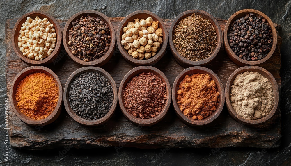 Assorted spices on rustic surface, soft shadows, topdown view Assorted spices on rustic surface, soft shadows, topdown view