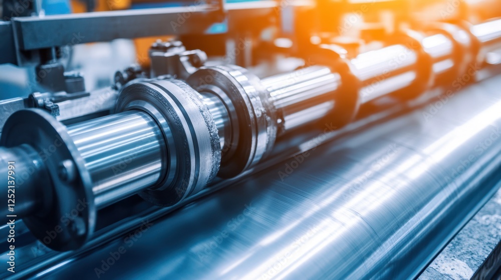 A powerful metal rolling machine processing steel sheets in a heavy industry. A powerful metal rolling machine processing steel sheets in a heavy industry.