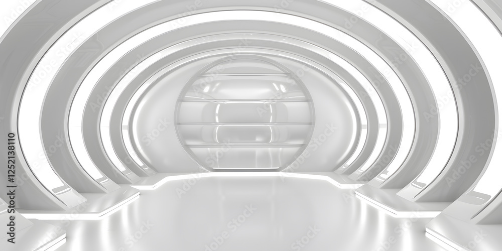 Fototapeta premium Futuristic white interior with curved walls and bright lighting