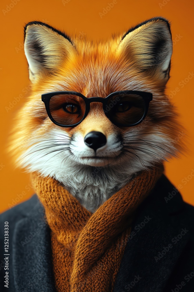 Obraz premium Fox in suit and sunglasses, orange background, stylish portrait