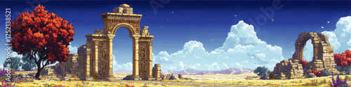 Majestic Ancient Ruins in Lush Landscape Vector Art with Blue Sky and Red Trees - Stunning Digital Illustration of Historical Archways and Nature Scenery