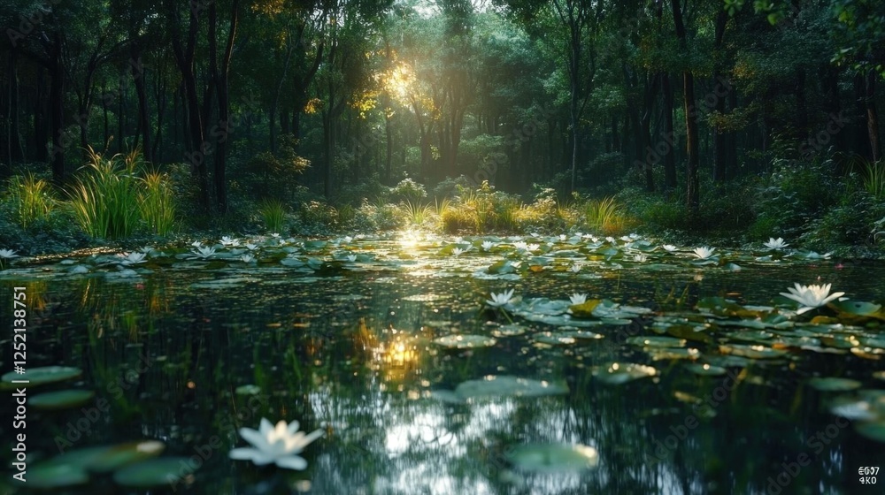 Sunlight Through Forest Trees Over Lily Pad Pond Sunlight Through Forest Trees Over Lily Pad Pond