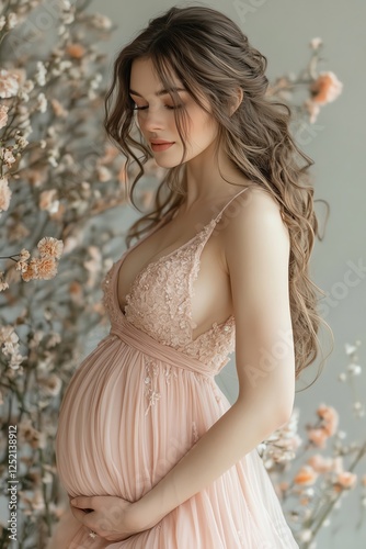 Wallpaper Mural Pregnant woman in pink dress, neutral background, side view, medium shot Torontodigital.ca