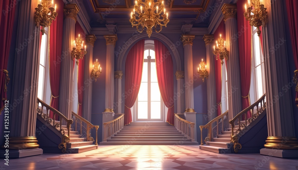 Obraz premium Illustration of medieval banquet room with columns, stairways, curtained windows, chandeliers. Interior of castle hall in baroque style for princess, king fairy tales or wedding backgrounds.