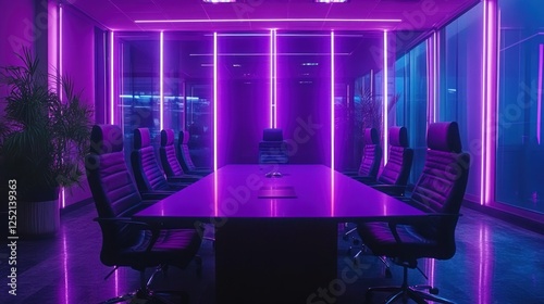 Modern Conference Room Illuminated By Neon Purple Lighting photo