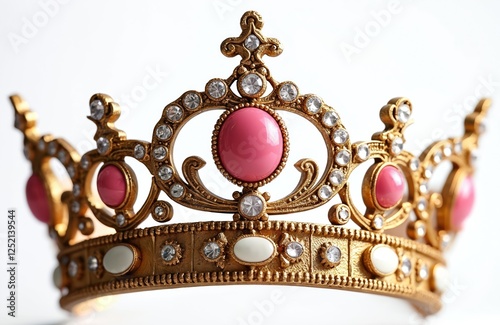 AI generated gold crown with pink gemstones, white stones. Shimmering jewelry for royalty, monarch. Glamorous regal coronet, luxury headpiece. Ornate bejeweled sophisticated design for prince, king,
