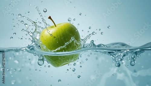 Fresh Green Apple Splashing into Water Vibrant Fruit and Water Droplets Photography