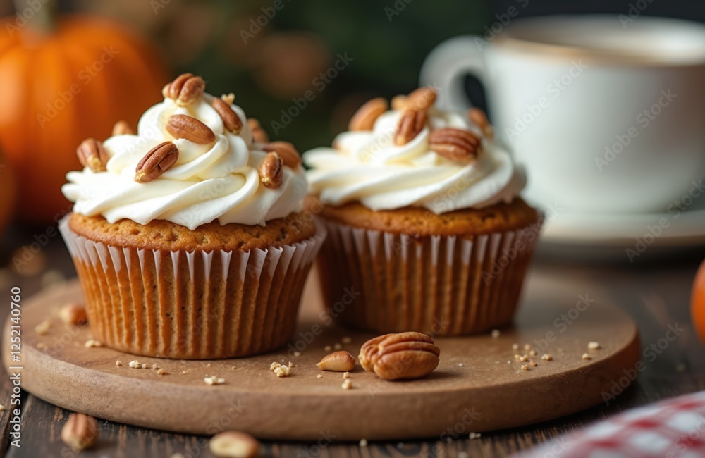 Two baked pumpkin muffins with pecans served with cup of coffee on wooden tray. Delicious creamy dessert, sweet snack, autumn cozy food photography. Fall baking theme. Perfect for coffee break. Two baked pumpkin muffins with pecans served with cup of coffee on wooden tray. Delicious creamy dessert, sweet snack, autumn cozy food photography. Fall baking theme. Perfect for coffee break.