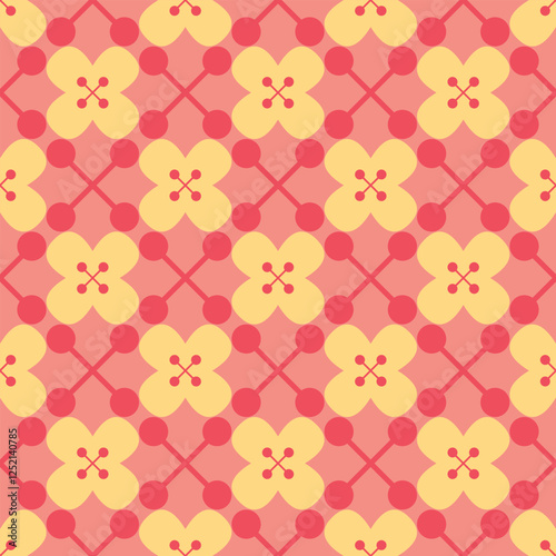 Big flowers and asterisks seamless illustration background. Retro style vector pattern in pink and yellow.
