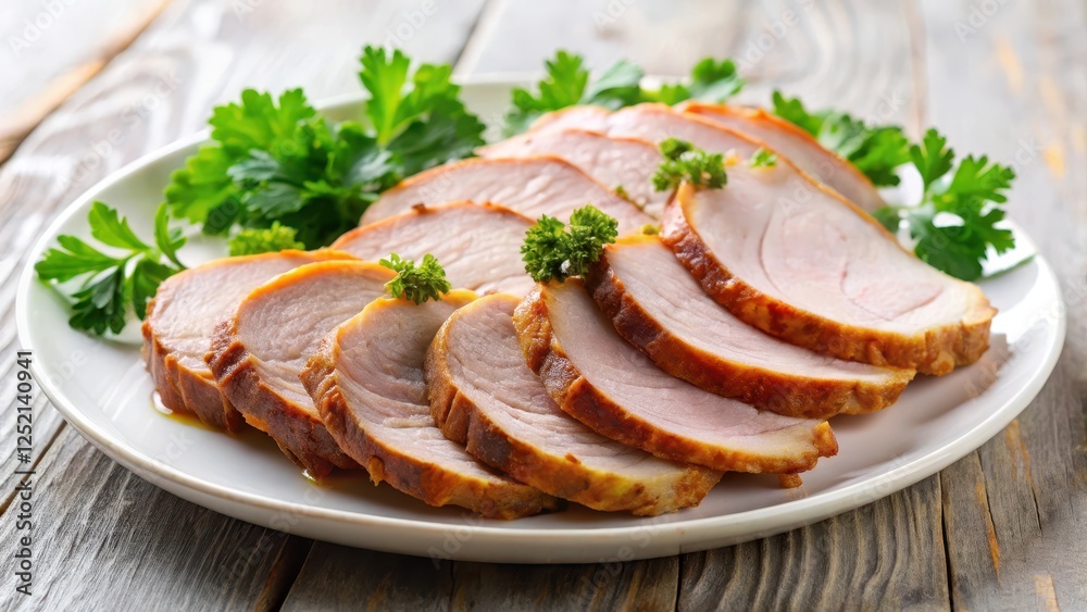 Thinly sliced roasted pork loin placed artfully on a clean white plate, garnished with a sprinkle of fresh parsley leaves , parsley, gourmet dish Thinly sliced roasted pork loin placed artfully on a clean white plate, garnished with a sprinkle of fresh parsley leaves , parsley, gourmet dish