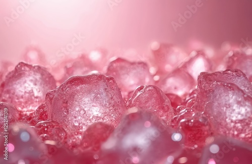 Macro of pink soda background. Abstract close-up of beverage with ice cubes. Refreshing, cold drink. Sparkling, carbonated, fizzy liquid with water drops. Modern background, wallpaper.