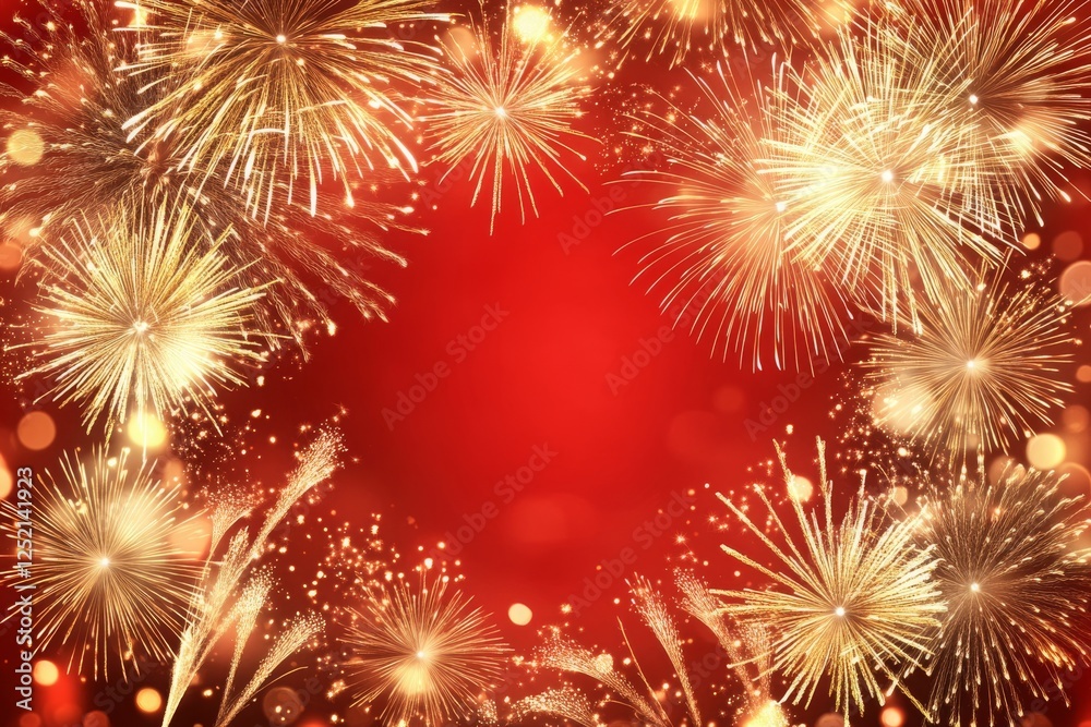 Fototapeta premium Beautiful and Colorful Fireworks Display on a Red Background Perfect for Celebrations and New Year Events with Golden Sparkles and Radiant Explosions