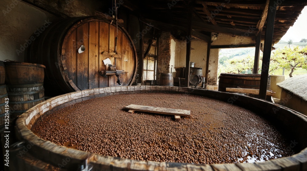 Winery fermentation vat, grapes, rustic cellar Winery fermentation vat, grapes, rustic cellar