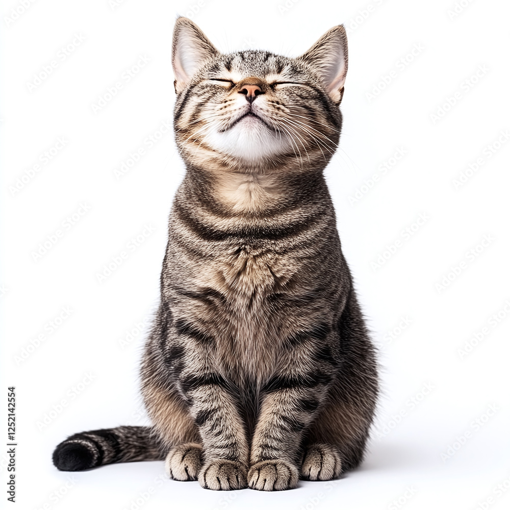 Obraz premium Happy gray tabby cat sitting with closed eyes on white background.