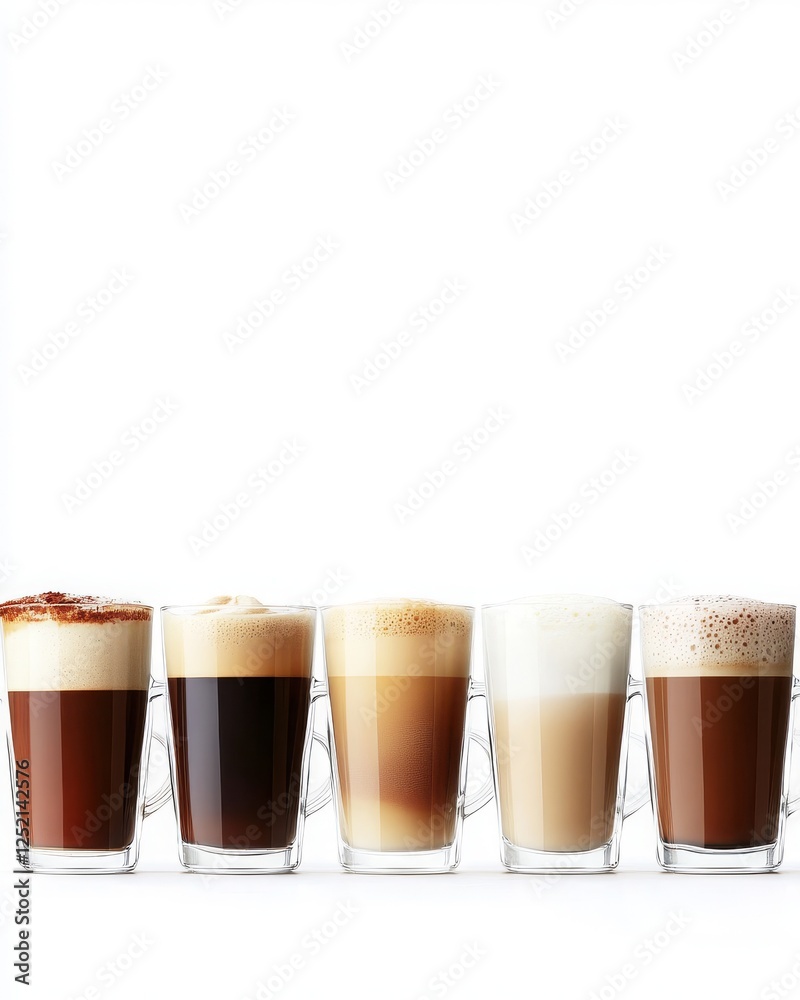 A Beautiful Array of Five Different Coffee Beverages Displayed Elegantly in Clear Glass Cups Against a Simple White Background A Beautiful Array of Five Different Coffee Beverages Displayed Elegantly in Clear Glass Cups Against a Simple White Background