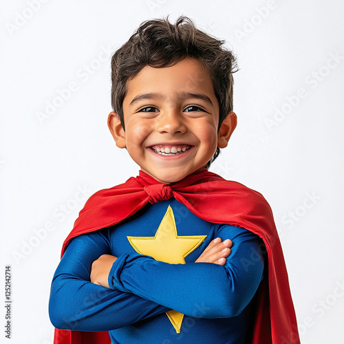 Laughing hispanic boy in superhero costume isolated on white background.