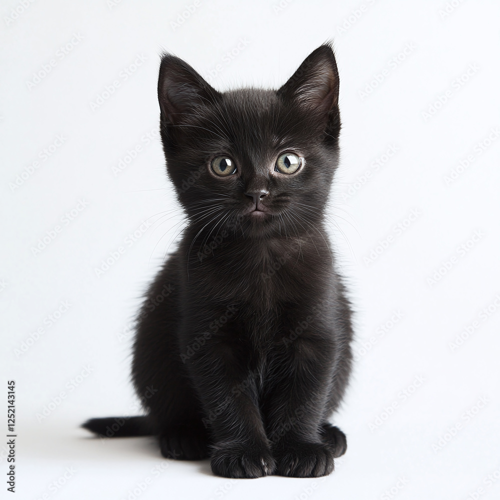 Obraz premium Smiling black kitten sitting on white background.